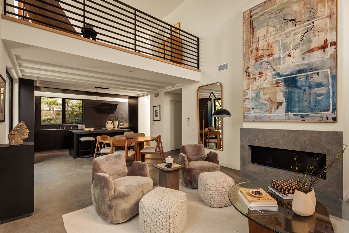 917 Hilldale Avenue, West Hollywood, CA 90069: Living room beneath the mezzanine