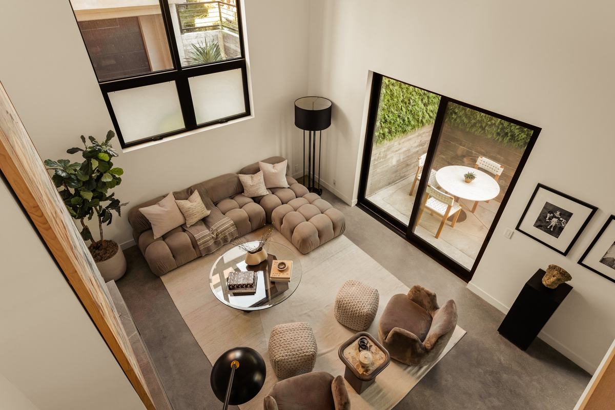 917 Hilldale Avenue, West Hollywood, CA 90069: Living room seen from the mezzanine